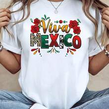 Camiseta de mujer - Camiseta del Día de la Independencia de México para mujer - Presenta un vibrante estampado de "Viva México", con motivos de maraca, sombrero de ala ancha y cactus - Camiseta casual de manga corta y cuello redondo, ligera, adecuada para fiestas del Cinco de Mayo, festivales de música de primavera/verano y atuendos tradicionales mexicanos, trajes festivos, celebraciones navideñas, camiseta estampada de moda, moda urbana, material transpirable, tela elástica, camisa estampada, ideal para asistentes a fiestas y entusiastas de festivales de música. - Blanco - Ver 7