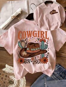 Camiseta de mujer, de algodón puro, de manga corta, con estampado de sombrero de vaquero del oeste, elegante y hermosa, de alta calidad, a la moda, suave y cómoda, con diseño de estilo retro americano, adecuada para uso diario, celebraciones y fiestas, o como regalo para las fiestas, una blusa casual holgada y única. - Verde - Ver 9
