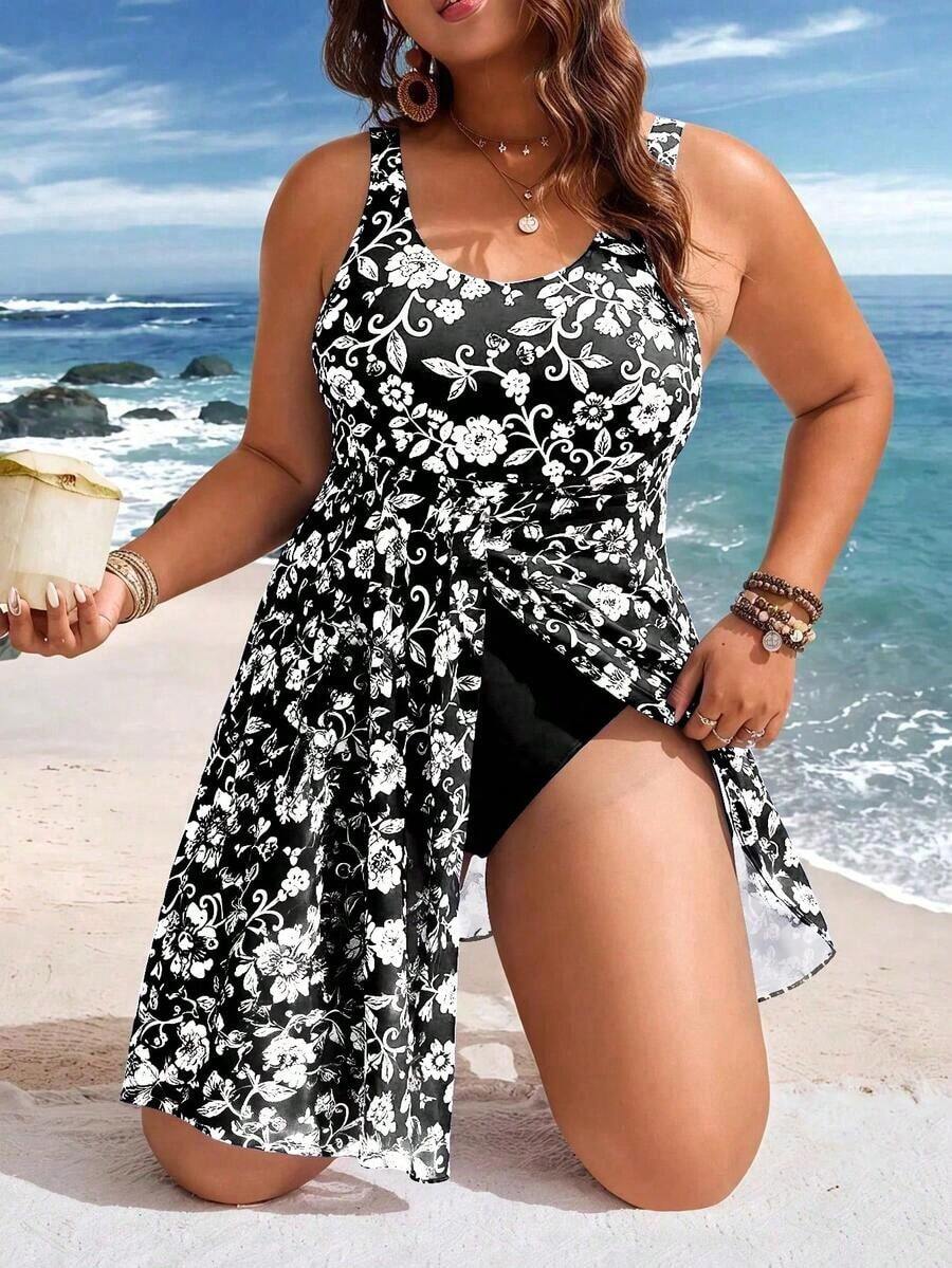 Traje de baño de una pieza con estampado retro y tirantes de malla de contraste para mujer de talla grande - Negro - Ver 1