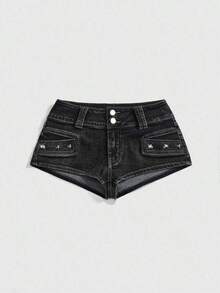 SHEINxHITOMI ROMWE Shorts de Mezclilla para Mujer, Estilo Vintage, Desgastados, de Cintura Baja, con Tachuelas y Calaveras, Sexy - Negro - Ver 8