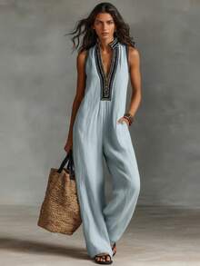 Las mujeres son simples y sin mangas con cremallera y collar con bordado. - azul claro - Ver 1