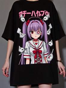 Camiseta negra de gran tamaño con estampado| Diseño gótico lindo al estilo anime, chica de cabello morado con uniforme azul marino, antifaz, herramientas de mano, detalles en rosa y blanco, corte holgado, cuello redondo, top casual para todas las estaciones.ropa de calor mujer maija maija mujer luargla deeka ontre mujer premium ontre  mujer blusa casual mujer blusas casuales para dama - Negro - Ver 6