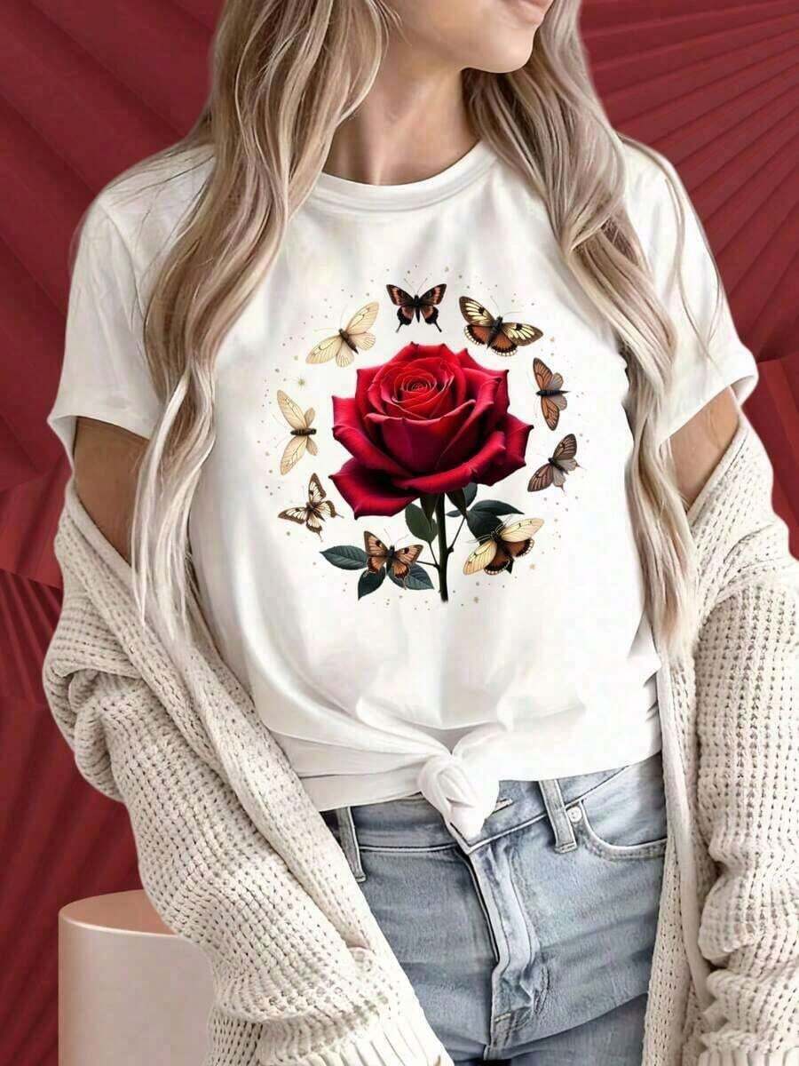 Women's Short-Sleeved, Crew-Neck T-Shirt With Eye-Catching Prints. This Black T-Shirt Features A Red Rose And Butterfly Design. A Casual Top With A Graphic Print And Crew Neck, It's Perfect For Christmas Parties, Sports Activities, Holiday Parties, Outings, And Other Festive Occasions. This Stylish And Comfortable T-Shirt Boasts A Unique Print. Made From Durable Material, It Offers A Flattering And Versatile Fit Suitable For All Seasons. A Must-Have For Casual And Fashionable Outfits. - 白色 - 查看 1