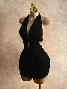 Vestido ajustado de mujer con escote halter y espalda descubierta, de moda y sexy, para verano - Negro - Ver 4