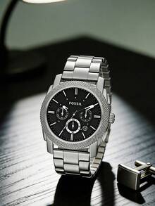 Fossil Men's Chronograph Watch Luxury Brand Machine Black Dial Stainless Steel Bracelet Sport Dress Watch | Silver Knurled Bezel Three Subdial Date Display Analog Wristwatch | Bold Gift for Him Birthday Father's Day Graduation Business Travel Outdoor Adventure - 銀色 - 查看 1