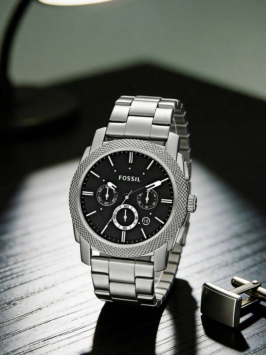 Fossil Men's Chronograph Watch Luxury Brand Machine Black Dial Stainless Steel Bracelet Sport Dress Watch | Silver Knurled Bezel Three Subdial Date Display Analog Wristwatch | Bold Gift for Him Birthday Father's Day Graduation Business Travel Outdoor Adventure - 銀色 - 查看 1