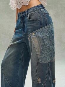 BohoFeels Pantalones largos de mujer bohemios de verano, casuales y cómodos, perfectos para el streetwear, las vacaciones y los festivales de música western.Con un estilo bohemio, estos pantalones vaqueros de denim azul vintage tienen un acabado desgastado y lavado con detalles de parches de estampado de paisley. - Azul - Ver 4