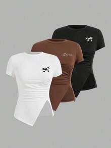 Camiseta ajustada de manga corta con estampado de mariposa, de uso casual y versátil para el verano, diseño minimalista de estilo INS - Negro - Ver 3