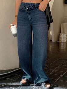 Jeans rectos de cintura baja con banda de cintura elegante para mujer - Azul lavado medio - Ver 7