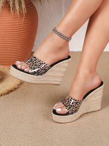 Sandal đế xuồng bánh mì nữ mùa hè mới, phong cách casual thoải mái, thoáng khí, dây thừng rơm, trong suốt, họa tiết da báo, mũi tròn - màu đen - Xem 2