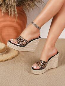 Sandal đế xuồng mũi tròn, thoải mái, thoáng khí, chất liệu dây gai dầu trong suốt, họa tiết da báo, dành cho nữ, mùa hè. - màu nâu - Xem 3