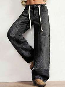 BohoFeels Pantalones vaqueros de tiro bajo, estilo boho, de invierno/primavera, para mujer, con estampado de rayas, parches de mezclilla lavada y pierna recta holgada, en estilo occidental y campestre, adecuados para conciertos, fiestas, vacaciones en la playa, uso diario, vuelta al colegio, salidas y fiestas, Año Nuevo - Gris - Ver 10