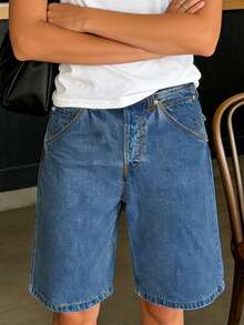 Women's Stylish, Plain-Colored, Loose-Fitting Denim Shorts With A Zip And Button Closure, Knee-Length, Ideal For The Beach And Everyday Wear. - 藍色 - 查看 4