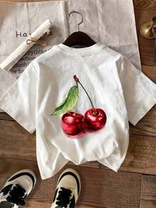 Camiseta casual de manga larga con cuello redondo y estampado de cerezas, de corte ajustado, perfecta para el verano. - Blanco - Ver 4
