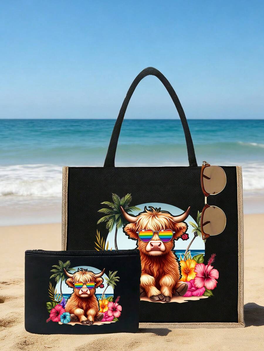 夏季沙滩高地牛图案黑色亚麻手提包,时尚彩虹太阳镜高地牛图案,大容量化妆包带腕带,时尚单肩包,黑色亚麻零钱包,化妆包,便捷购物袋。教师节礼物,女士亚麻大容量手提包,手提包和化妆包套装,适合旅行、教师节、护士节、婚礼和其他场合。 - 彩色 - 查看 1
