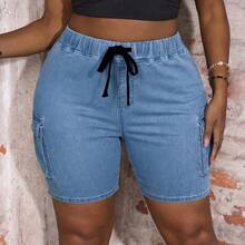 Slayr Plus Size High Waist Skinny Sexy Cargo Denim Shorts - Lavado ligero - Ver 4
