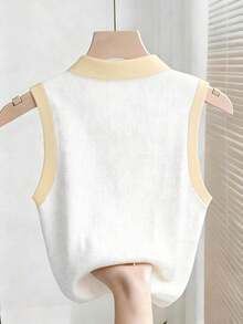 Parte superior sin mangas de contraste de color versátil casual para mujer, top blanco y negro, blusas de verano para mujer, blusas lindas y preppy, top de punto de verano sin mangas, camisa polo de punto para mujer, blusas de punto de verano par - Albaricoque - Ver 2