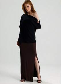 RoseArya High Waist High Slit Maxi Skirt - Brown - View 3