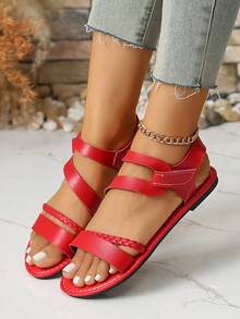 Women's Woven Strap Decorated Flat Sandals, Casual Hook And Loop Sandals - Red - View 3