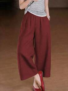 Pantalones anchos de lino con bolsillo y cintura elástica en estilo bohemio casual, para mujer, para verano y primavera - Rojo - Ver 2