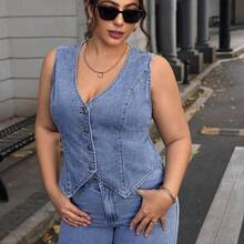 Plus Size Sleeveless Denim Jacket, Simple And Fashionable For Casual Daily Wear - Naranja - Ver 4