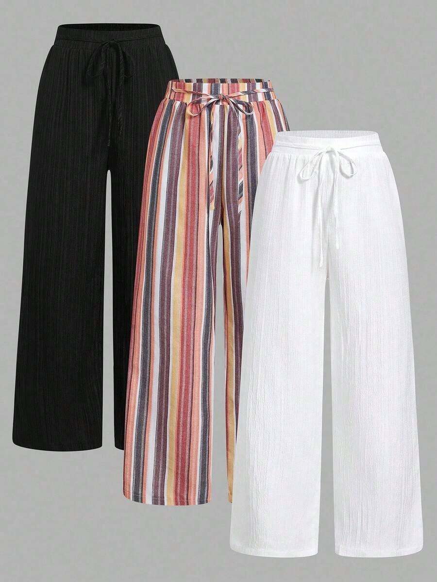 Set de 3 pantalones rectos sueltos de cintura alta con cordón y bolsillos, de unicolor y versátiles, adecuados para primavera/verano - Multicolor 7 - Ver 1