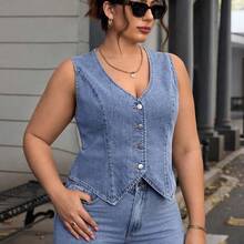 Plus Size Sleeveless Denim Jacket, Simple And Fashionable For Casual Daily Wear - Verde - Ver 5