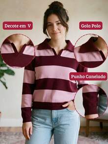 Women's Ribbed Knit Polo Shirt With Striped Neckline, Long Sleeves, V-Neck, Casual Autumn Knit - 瑪薩拉紅/嬰兒粉 - 查看 3