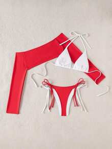 Conjunto de 3 piezas de traje de baño negro y blanco para mujer, conjunto de traje de baño casual y sexy de 3 piezas para resort de playa, conjunto de traje de baño de 3 piezas para mujer, Bottom de traje de baño para mujer, conjunto de playa negro y blanco para mujer - Rojo - Ver 4