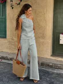 Set de 2 piezas de top con cuello asimétrico de unicolor y pantalones de pierna ancha, estilo de vacaciones para mujer - Lavado ligero - Ver 4