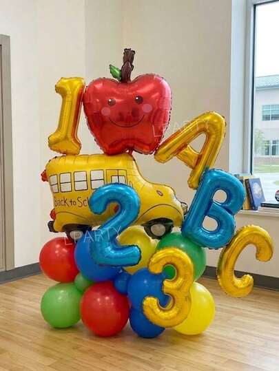 28pcs/Set Back To School Party Decorations, Large School Bus Foil Balloon, Cartoon Backpack Balloon, 16" Blue & Gold "123 ABC" Banner Letter Balloons, 10" Red, Green, Blue, Yellow Latex Balloons, Perfect For School Opening, Classroom Decor, Welcome Party, Home Back To School Celebration