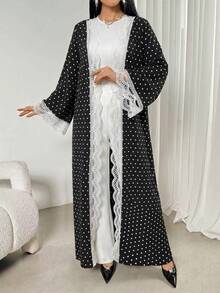 女款優雅波點印花蕾絲拼接長版開襟外套，度假秋季款 - 彩色 - 查看 2