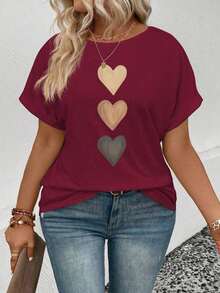 Plus Size Women's Spring/Summer Casual T-Shirt With Round Neck, Short Sleeves, Ribbed Cuffs, And Gradient Heart Print. Y2K Style,  Style, Newest 2026 Style, Cute Style, Casual Style. 180g (Sizes S-XXXL) - 紅色 - 查看 5