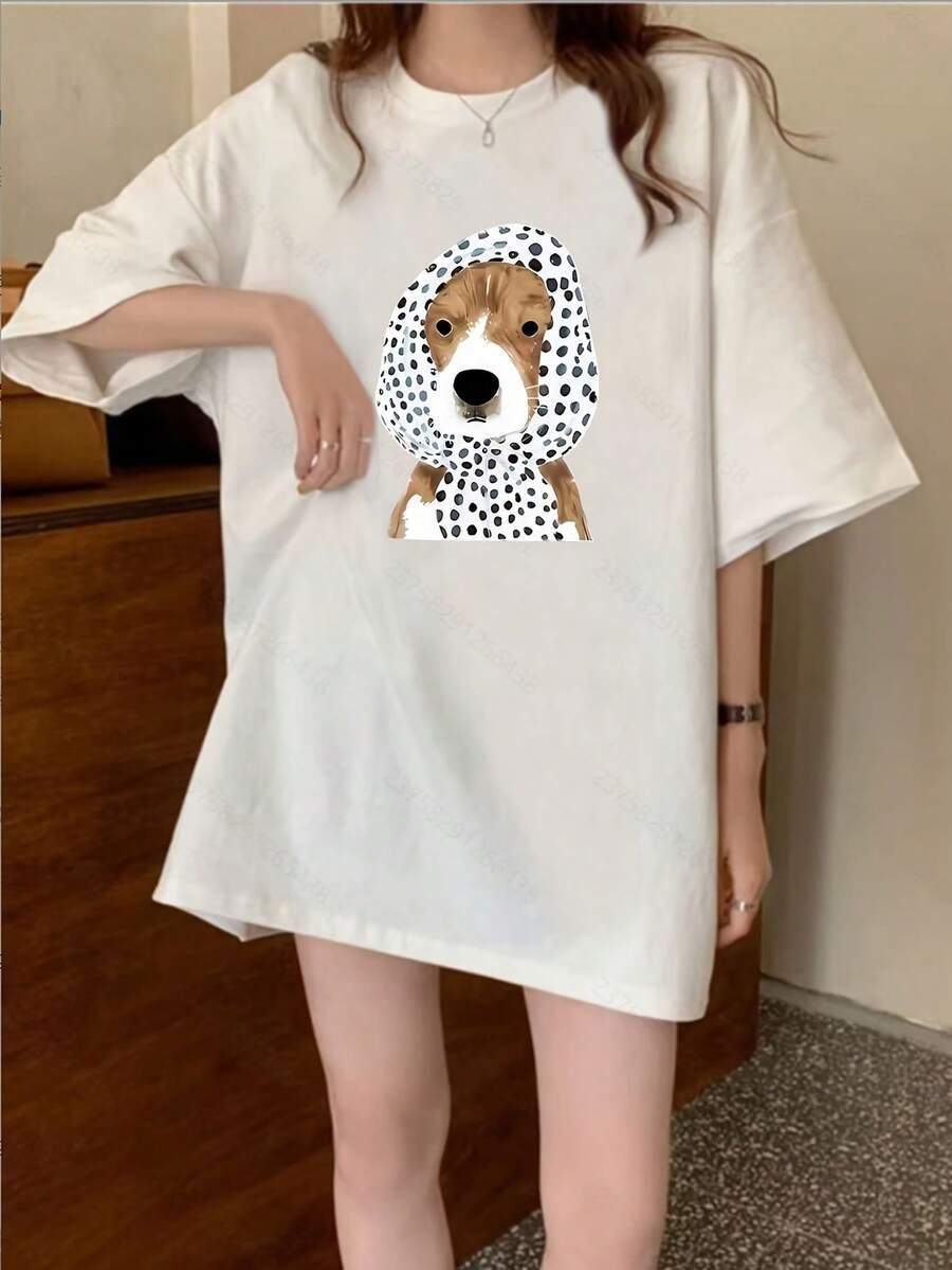 Camiseta Pura para Mujer Manga Corta Diseño de Nicho y Estampado 2025 Verano Nuevo Top Holgado de Manga Media y Ajustado para Mujer - Blanco - Ver 1