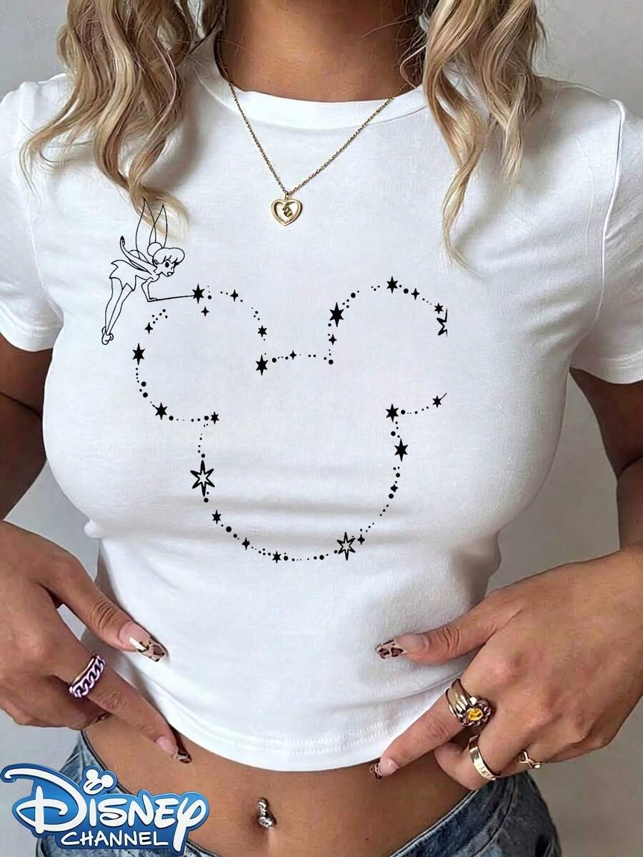 Authentic Disney: Featuring A Brand-New Line-Art Print Design Of Tinker Bell Nestled Within A Mickey Mouse Silhouette Formed By Stars. This Women's Casual T-Shirt Features A Crew Neck, A Slim-Fit Cropped Cut, And Is Crafted From Lightweight Polyester-Making It An Essential Summer Staple. Versatile And Perfect For Everyday Wear Or Outings, It Offers A Comfortable, Relaxed Fit. An Ideal Choice And The Perfect Gift For Her. Machine Washable. (Tags: Holiday Outfits For Women, Festival Outfits, Linen Shirt, White Top)The Sizing Runs Small; If You Prefer A Loose Fit, Please Choose One Size Up. - trắng - Xem 1