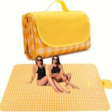 Sand Protection Picnic Blanket - Yellow And White Checkered Design With Orange Border - Foldable, Durable Non-Woven Fabric, Suitable For Camping, Hiking, And Outdoor Activities - Hand Wash Only, Camping Essential | Checkered Pattern | Durable Canvas - Multicolor - View 4