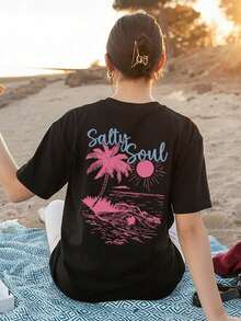 [Entrega Local]Playera Para Mujer Camiseta de playa para mujer "Salty Soul" con diseño de palmera, sol y olas estampados en la espalda, 100% algodón, transpirable y cómoda, estilo vacaciones en la playa, adecuada para días de playa, vacaciones de verano y moda casual de playa. - Negro - Ver 6