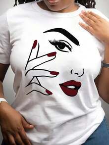Camiseta de mujer con diseño de media cara pintado a mano, top básico de cuello redondo, a la moda para primavera, otoño y verano, mangas cortas para uso diario casual al aire libre, hecha de material suave, transpirable y lavable a máquina, diseño adorable de dibujos animados - Estilo vintage urbano, camiseta unisex de algodón suelto de manga corta y cuello redondo. - Blanco - Ver 8