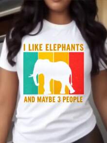 Me gustan los elefantes y quizás las camisetas impresas de 3 personas. Camiseta de manga corta cuello redondo blanco de verano de las mujeres, camiseta de manga corta transpirable.  , Outfit de verano, Desgaste casual, Silueta de Hline, Camisa de uste suelto, Impresión duradera, Material suave, Camiseta básica, Camiseta de mujer, Ar casual, Estilo de ropa cajera - Blanco - Ver 2