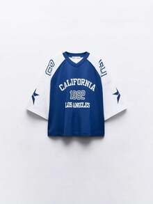 Retro College Style Los Angeles 1982 Letter Print V-Neck Basketball Jersey T-Shirt, Loose Fit Contrast Color Patchwork Short Sleeve Tee For Men - Blue - View 2