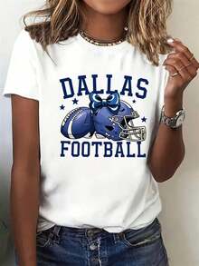 Women's American Football Pattern T-Shirt - With Team Lettering And Helmet Design, Breathable Short Sleeve Crew Neck Blend, Suitable For Game Outfits, Fan Apparel, Loungewear, Casual Wear (S-XXL) - Comfortable Crew Neck T-Shirt - 黑色 - 查看 1