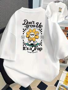 No crezcas, es una trampa" Camiseta de manga larga informal para mujer con divertido personaje de flor de dibujos animados - Cuello redondo cómodo, diseño clásico, estilos de impresión frontal y trasera disponibles, Camiseta Y2k. - Blanco - Ver 1