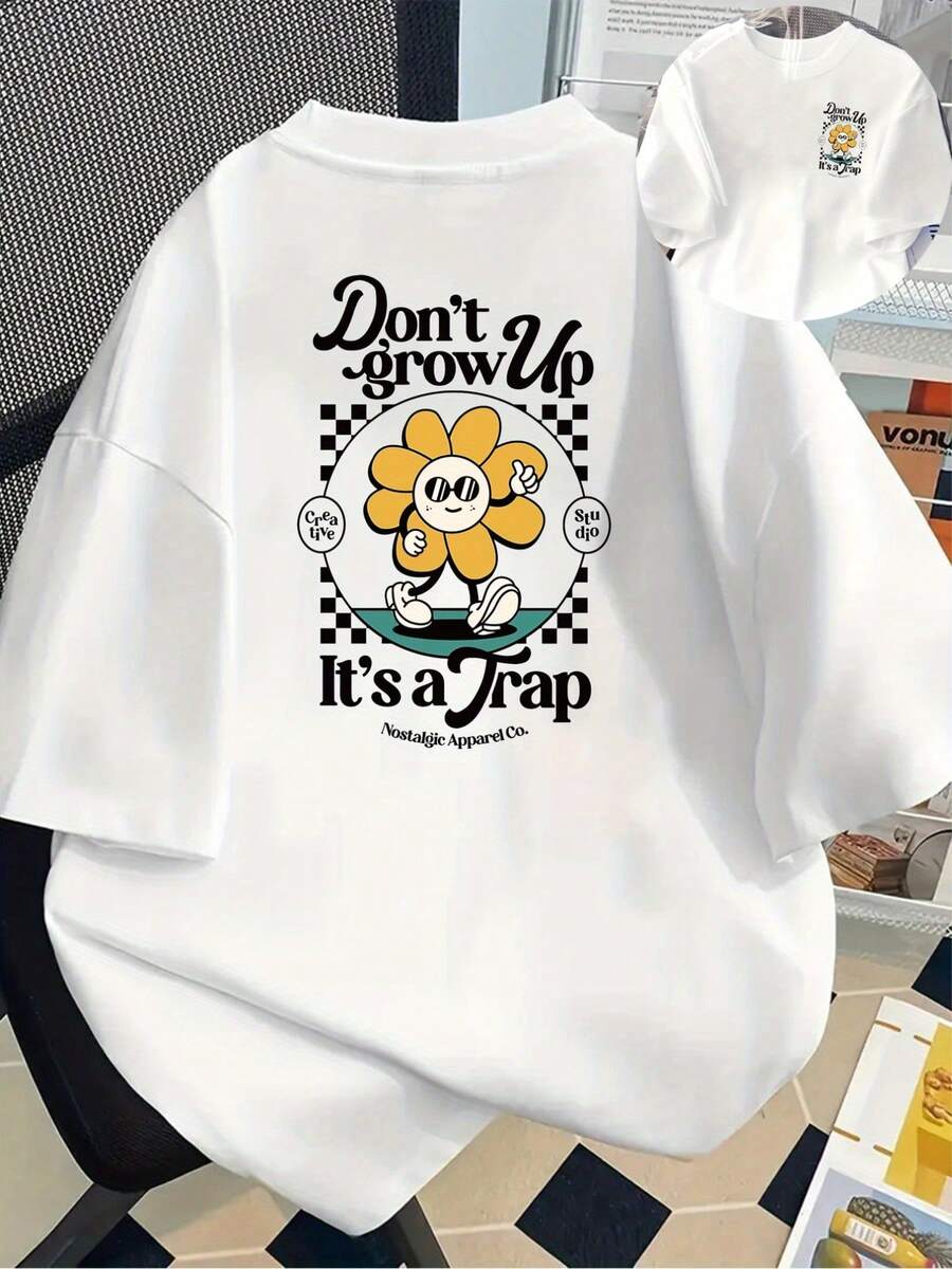 No crezcas, es una trampa" Camiseta de manga larga informal para mujer con divertido personaje de flor de dibujos animados - Cuello redondo cómodo, diseño clásico, estilos de impresión frontal y trasera disponibles, Camiseta Y2k. - Blanco - Ver 1