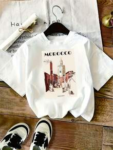 Camiseta de Mujer con Estampado Gráfico "MOROCCO" - Top Casual de Manga Corta con Cuello Redondo y Diseño Vibrante de Paisaje Urbano, Perfecta para Primavera y Verano, Ropa Casual|Top con Estampado Vibrante|Camiseta Y2k de Tela Ligera - Blanco - Ver 1