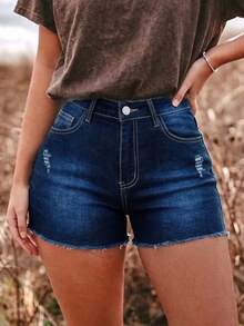 Quần short denim rách dáng suông cho nữ, chất liệu co giãn vừa phải, thích hợp mặc thường ngày. - Màu xanh lam - Xem 1