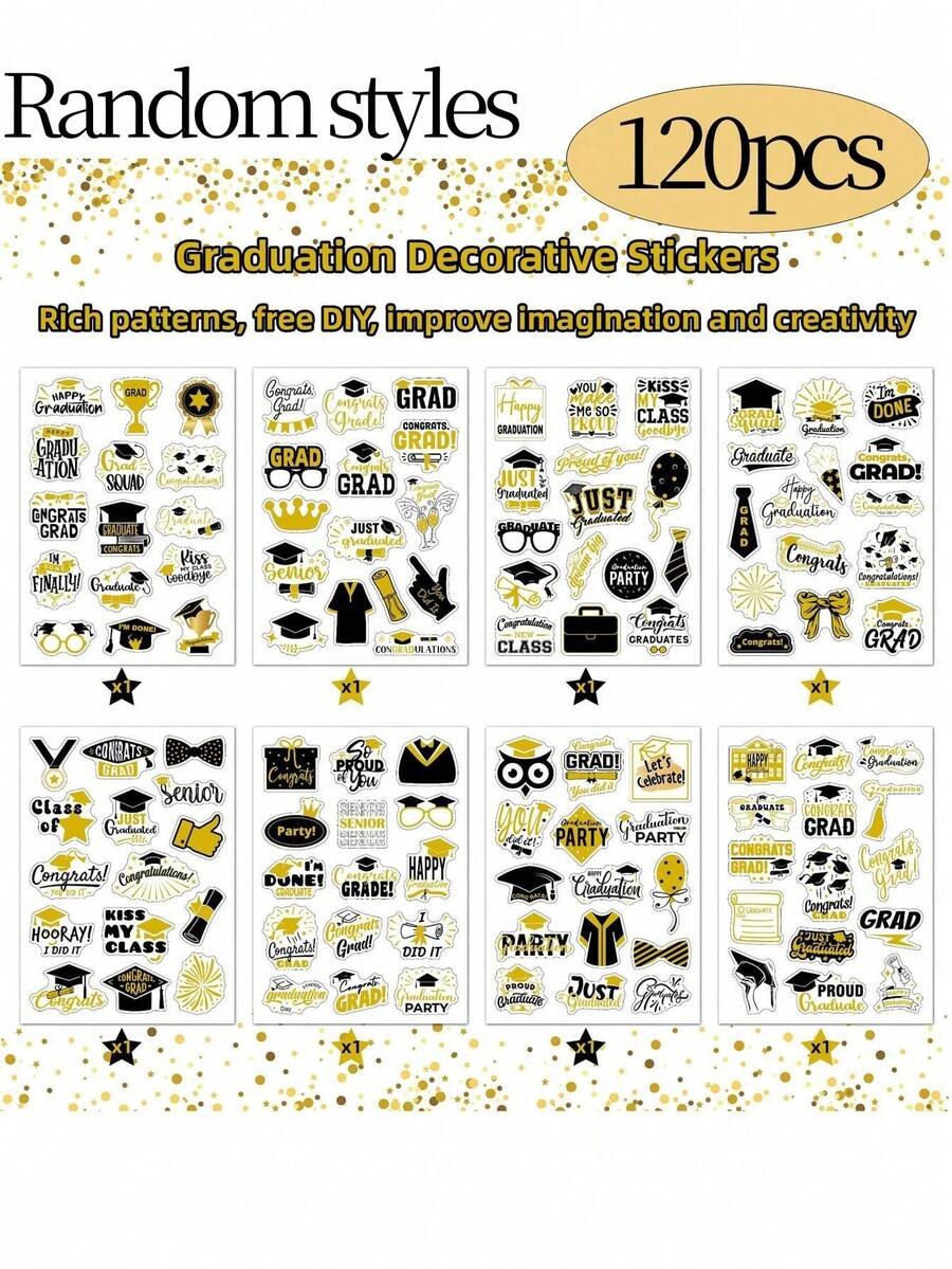 120pcs Graduation Stickers, 8 Sheets Creative Personalized Graduation Decorative Self-Adhesive Stickers, Graduation Gifts For Phone, Water Bottle, Notebook, Graduation Gift Labels, Suitable For High School And College Graduates, Graduation Ceremony Decorative Stickers - Multiple Styles - View 1