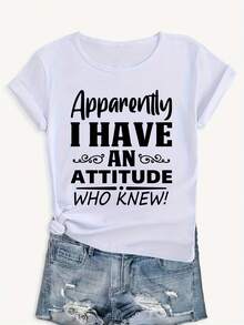 Women's Short-Sleeved Cotton T-Shirt, Casual Style, With The Phrase "Apparently I Have Attitude", Summer T-Shirt, Loose Fit, Short Sleeve, Round Neck, Comfortable Top. - 白色 - 查看 6