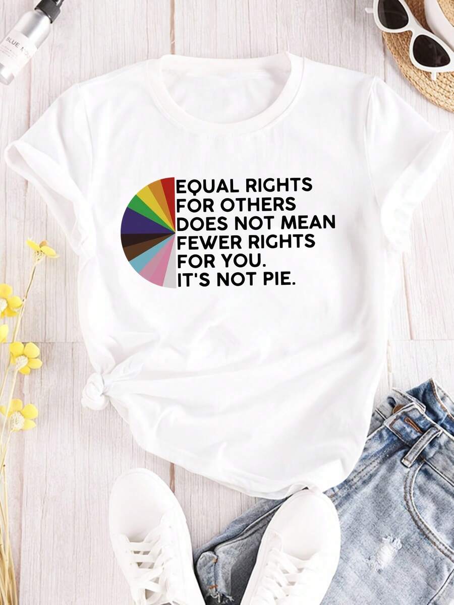 Women's Short-Sleeved Cotton T-Shirt, "Equal Rights" Letter Print Tee, Casual Short-Sleeved Round Neck Top For Spring And Summer, Women's Clothing. - 白色 - 查看 1