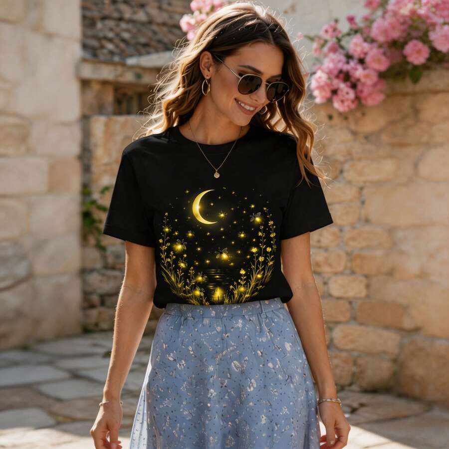 Camiseta de manga corta Dreamy Starry Night: Una prenda versátil con un toque delicado y femenino. Camiseta floral Moonlight Gold: Una camiseta informal de algodón, de estilo francés, para el día a día. - Negro - Ver 1