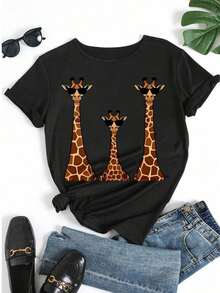 ropa de mujer Camiseta de manga corta con cuello redondo y estampado gráfico de jirafa, camiseta informal de corte holgado para verano con divertido estampado de gafas de sol de animales, para uso diario, suave y cómoda, camiseta básica para mujer, tops para mujer, camisetas para mujer, ropa para mujer, tops para mujer, blusas y camisetas, camiseta para mujer, ropa con motivos para mujer, ropa de verano, conjuntos de primavera para mujer, camisetas gráficas para mujer, top, tops de verano, camisas de mujer - Negro - Ver 5